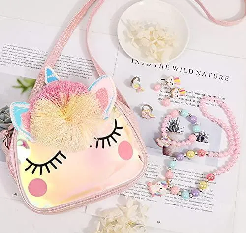 Hifot Unicorn Crossbody Bag Purse with Jewelry Set Little Girls