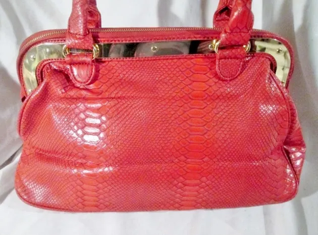 IMAN Vegan leather faux snakeskin python tote bag satchel RED purse L