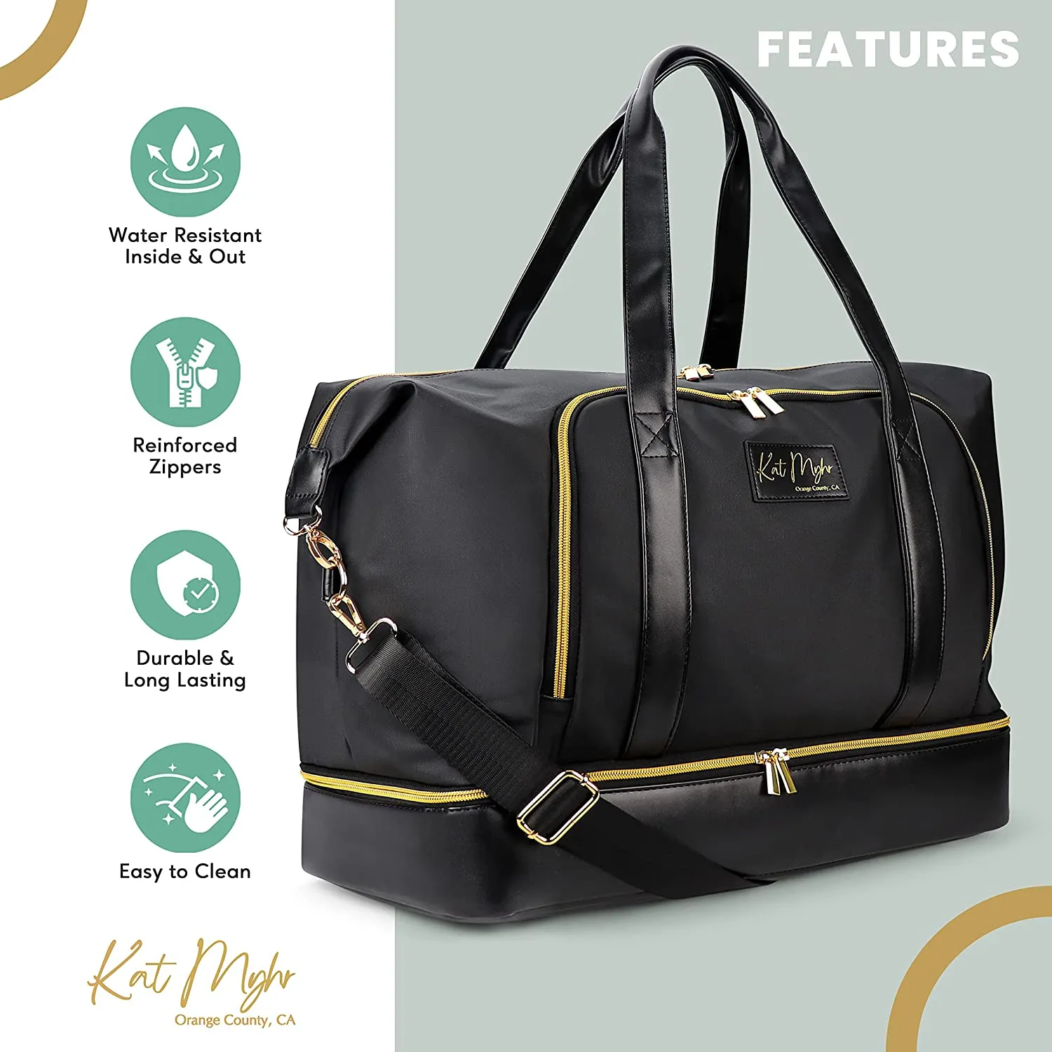 Kat Myhr Womens Weekender Travel Bag - Black with Gold Zippers