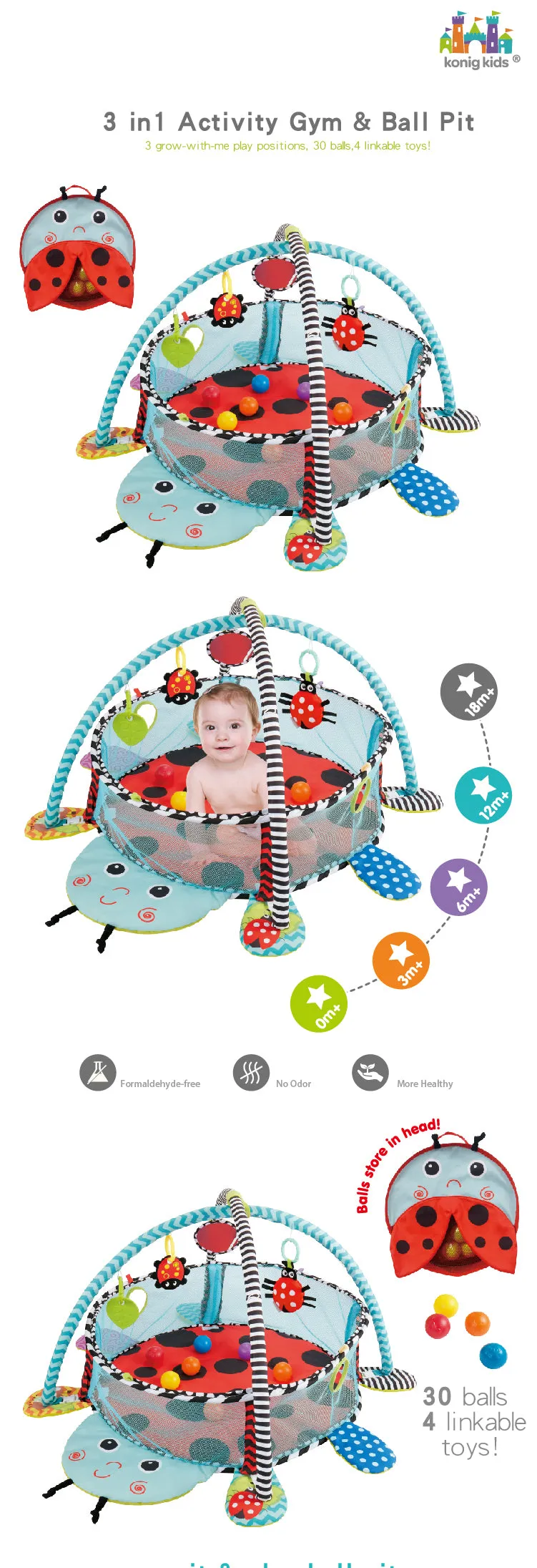 Konig  Kids 3 IN 1 Ladybug Activity Play Gym  Baby Lay Mat  With 30 Balls  (0-36 Months)