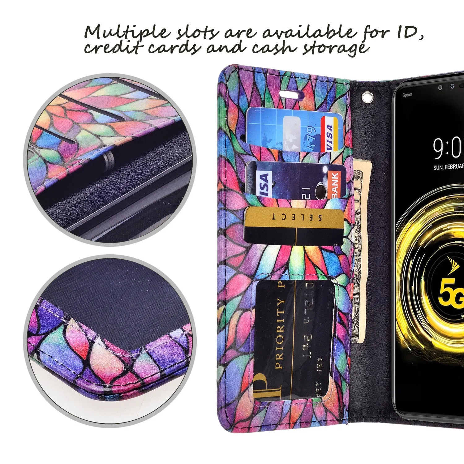 LG G8 ThinQ Case, LM-G820 Wallet Case, Wrist Strap Pu Leather Wallet Case [Kickstand] with ID & Credit Card Slots - Rainbow Flower