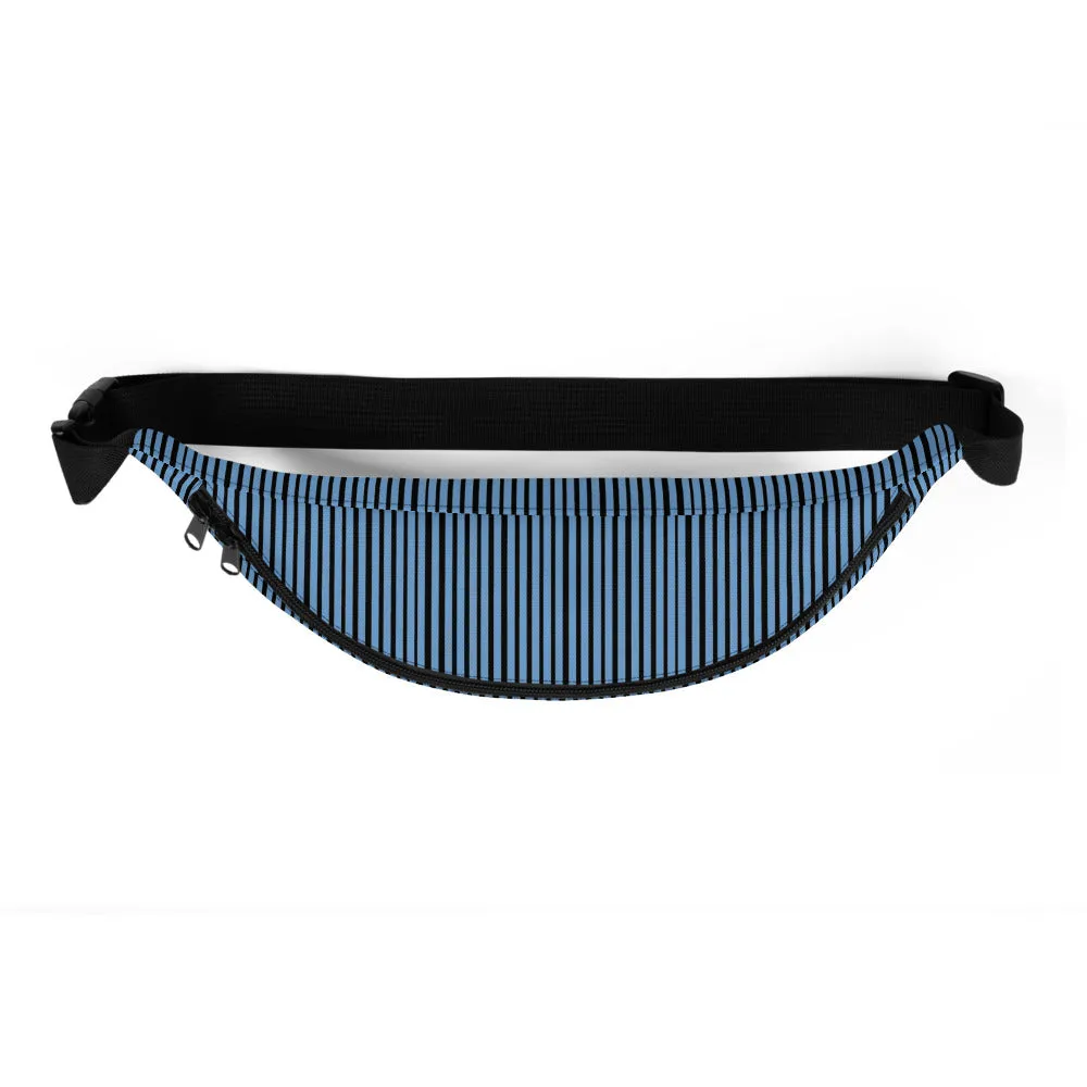 Light Blue Fanny Pack, Black Stripe Print Designer Waist Belt Bag Fanny Pack Waist Bag- Made in USA