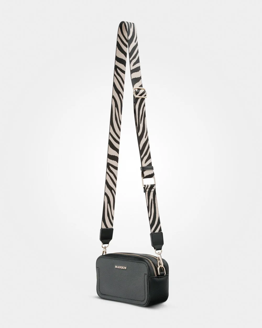 Maddie Double Zip Camera Crossbody Bag   Zebra Bag Strap