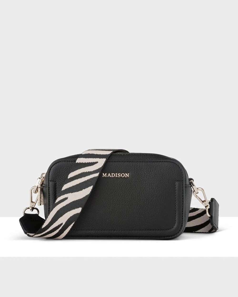 Maddie Double Zip Camera Crossbody Bag   Zebra Bag Strap