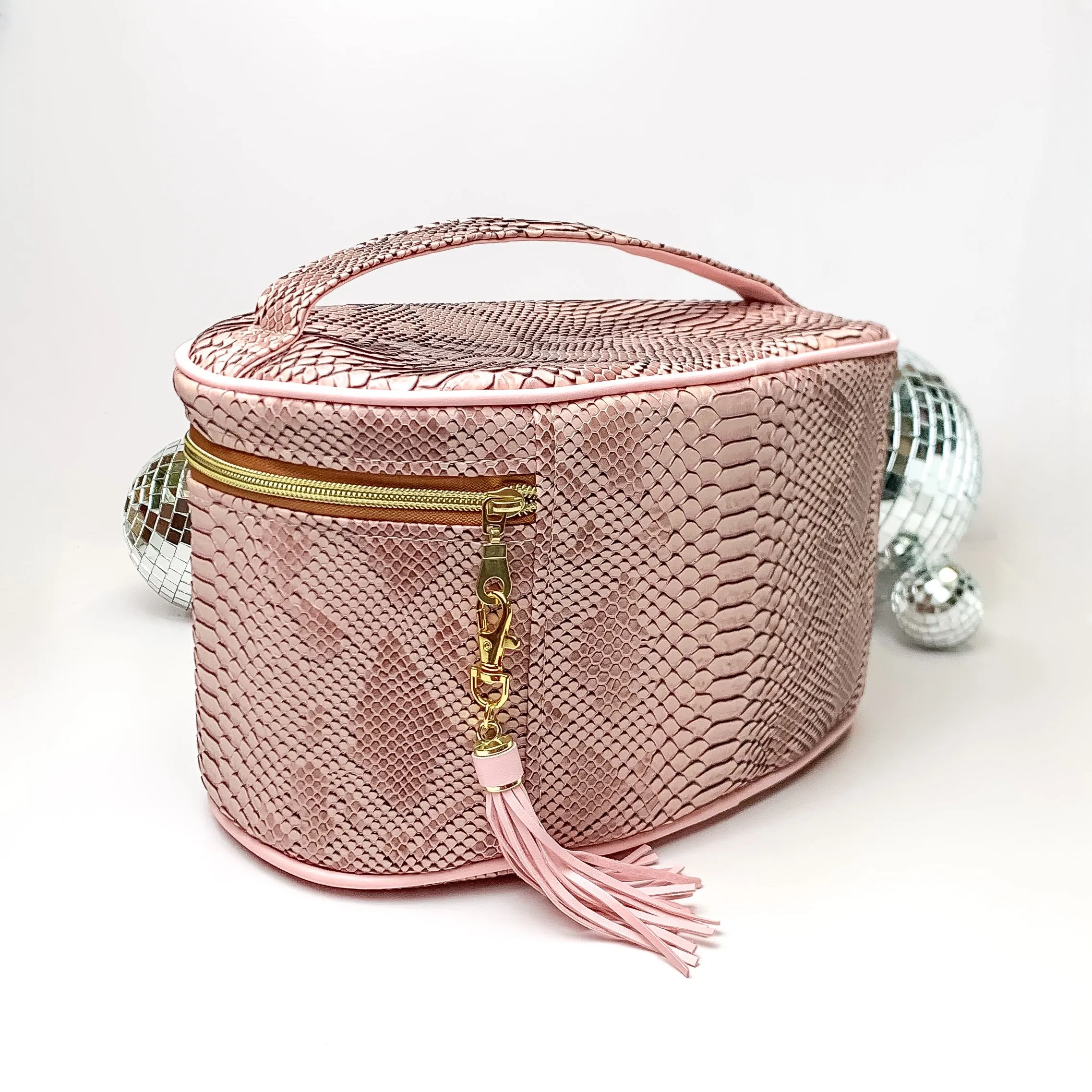 Makeup Junkie | Large Copperazzi Train Case in Dusty Pink Snake Print