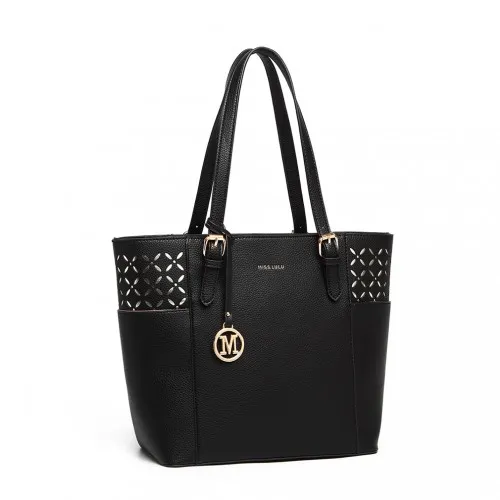 Miss Lulu Laser Cut Out Black Tote Shopper Bag – Elegant and Stylish Handbag