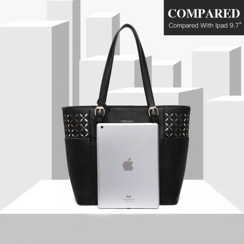 Miss Lulu Laser Cut Out Black Tote Shopper Bag – Elegant and Stylish Handbag