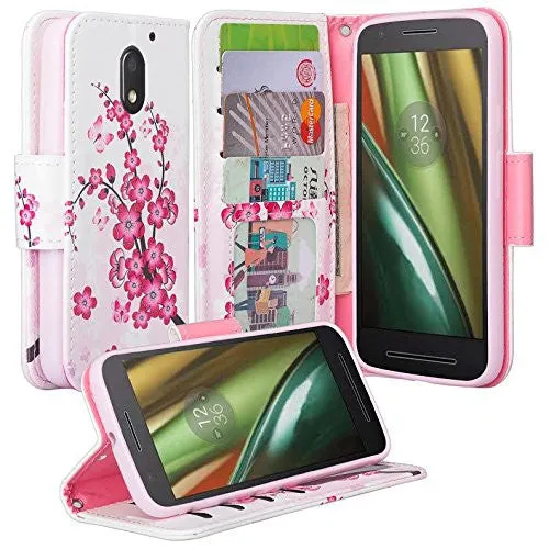 Moto G4 (4th Gen) Case | Moto G4 Plus Case, Wrist Strap Pu Leather Magnetic Fold[Kickstand] Wallet Case with ID & Card Slots for Motorola G4/G4 Plus - Cherry Blossom