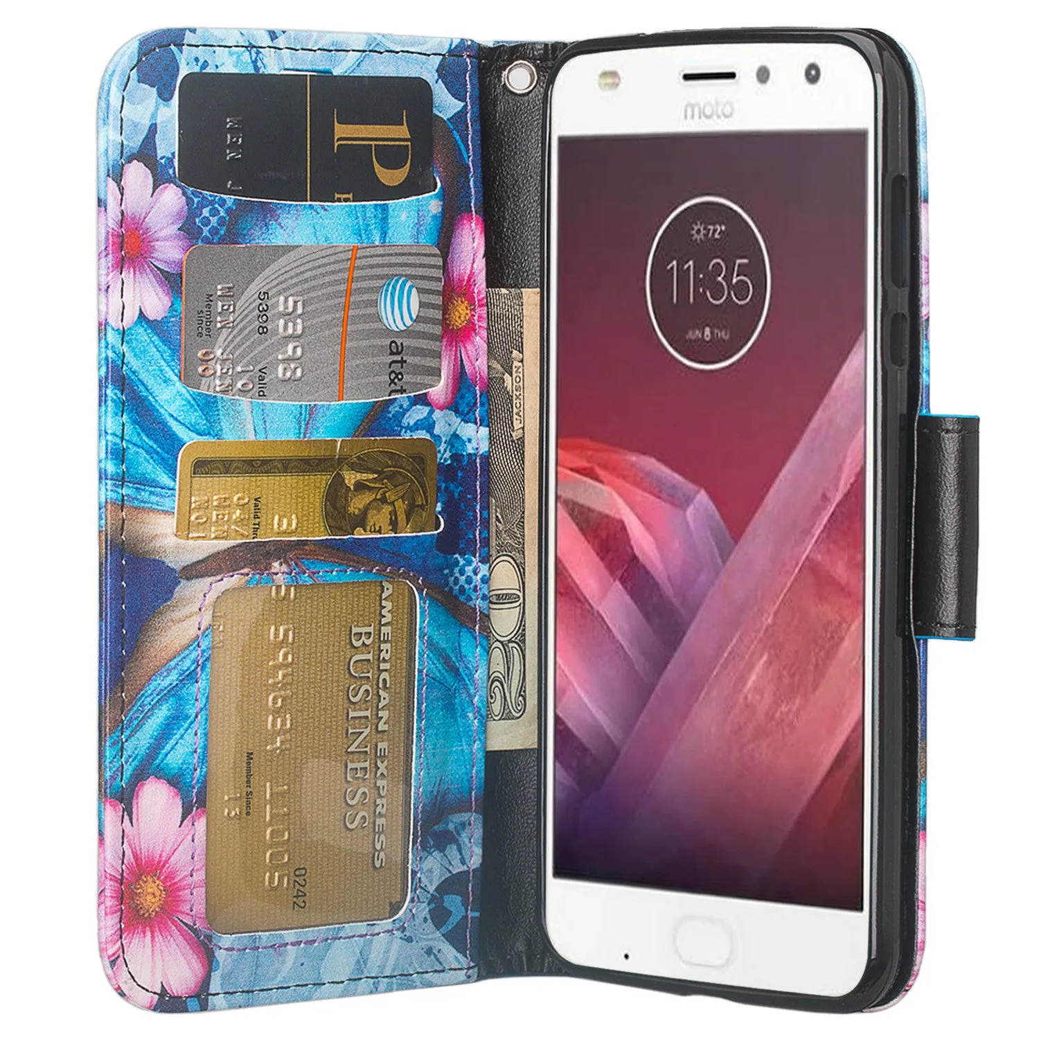 Motorola Moto Z2 Force Case, Moto Z2 Force Wallet Case, Slim Flip Folio [Kickstand] Pu Leather Wallet Case with ID & Card Slots & Pocket   Wrist Strap - Blue Butterfly