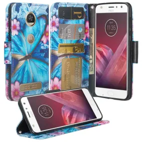 Motorola Moto Z2 Force Case, Moto Z2 Force Wallet Case, Slim Flip Folio [Kickstand] Pu Leather Wallet Case with ID & Card Slots & Pocket   Wrist Strap - Blue Butterfly