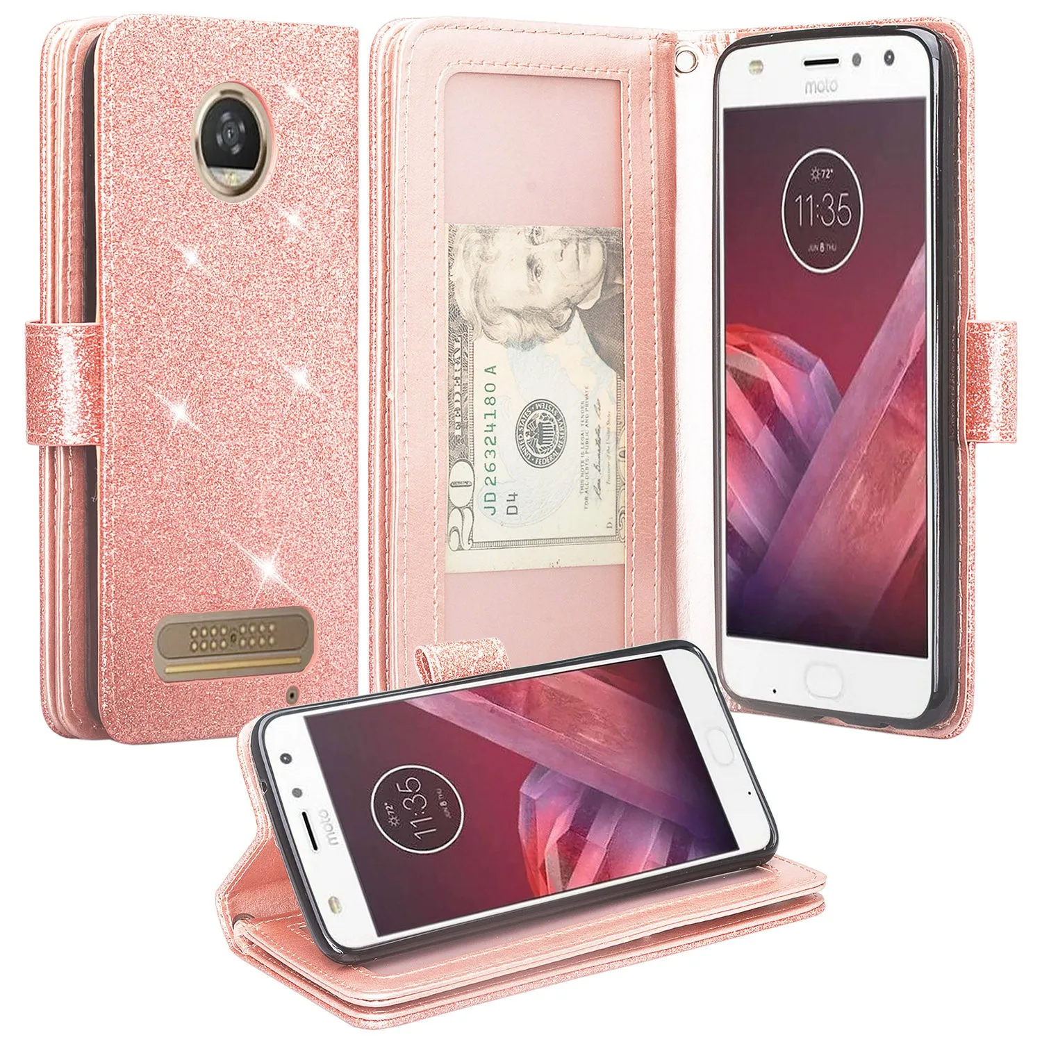 Motorola Moto Z2 Play Case, Moto Z2 Play wallet Case, [Wrist Strap] Glitter Faux Leather Flip [Kickstand Feature] Protective Wallet Case Clutch - Rose Gold