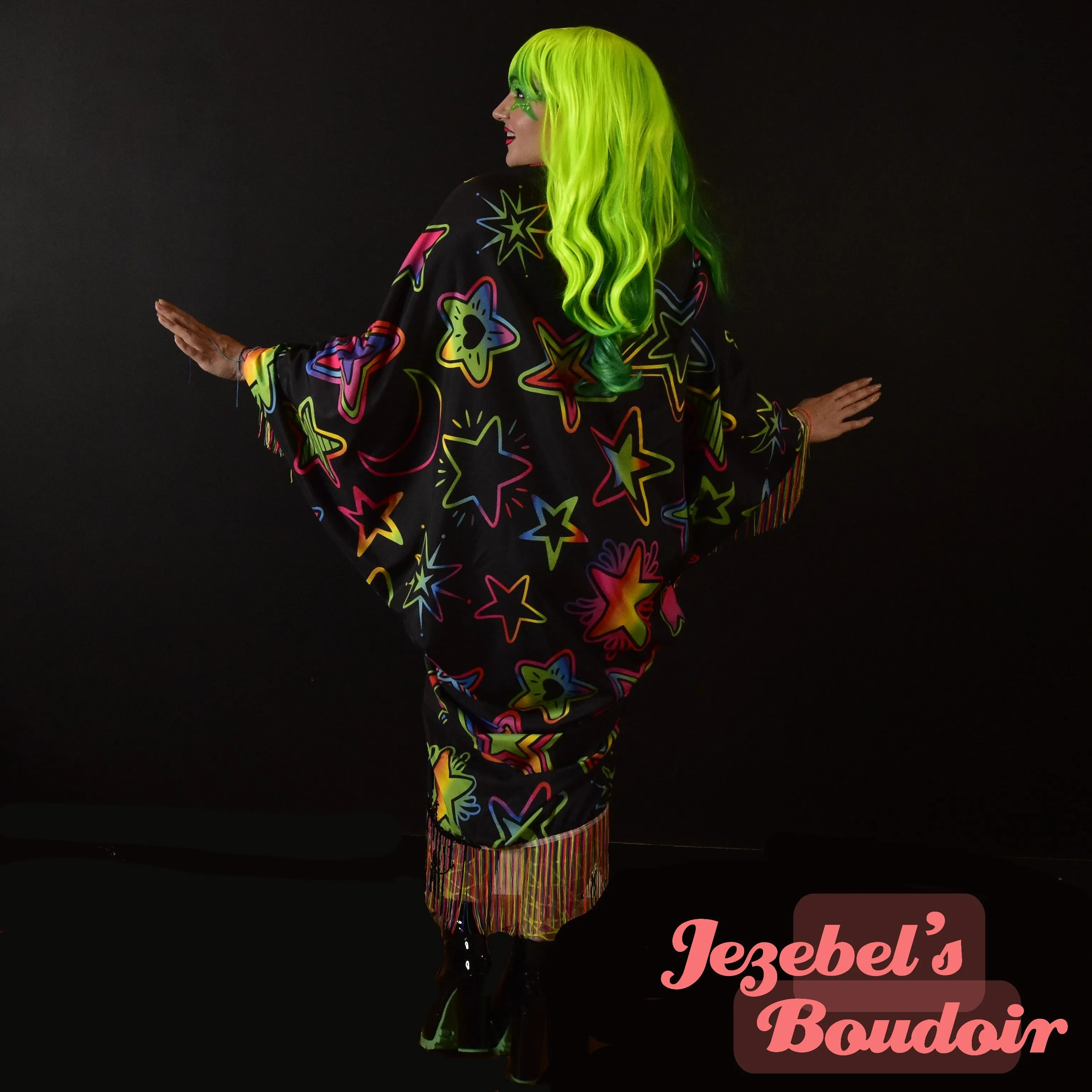 Neon UV Reactive Rainbow Duster, Black Light Glow Celestial Kimono, Star Neon Fringe Dressing Gown, Vaporwave Robe, Synthwave Flowing Dance Flowing, Rave Festival Electric EDC Fluorescent Goddess Majestic