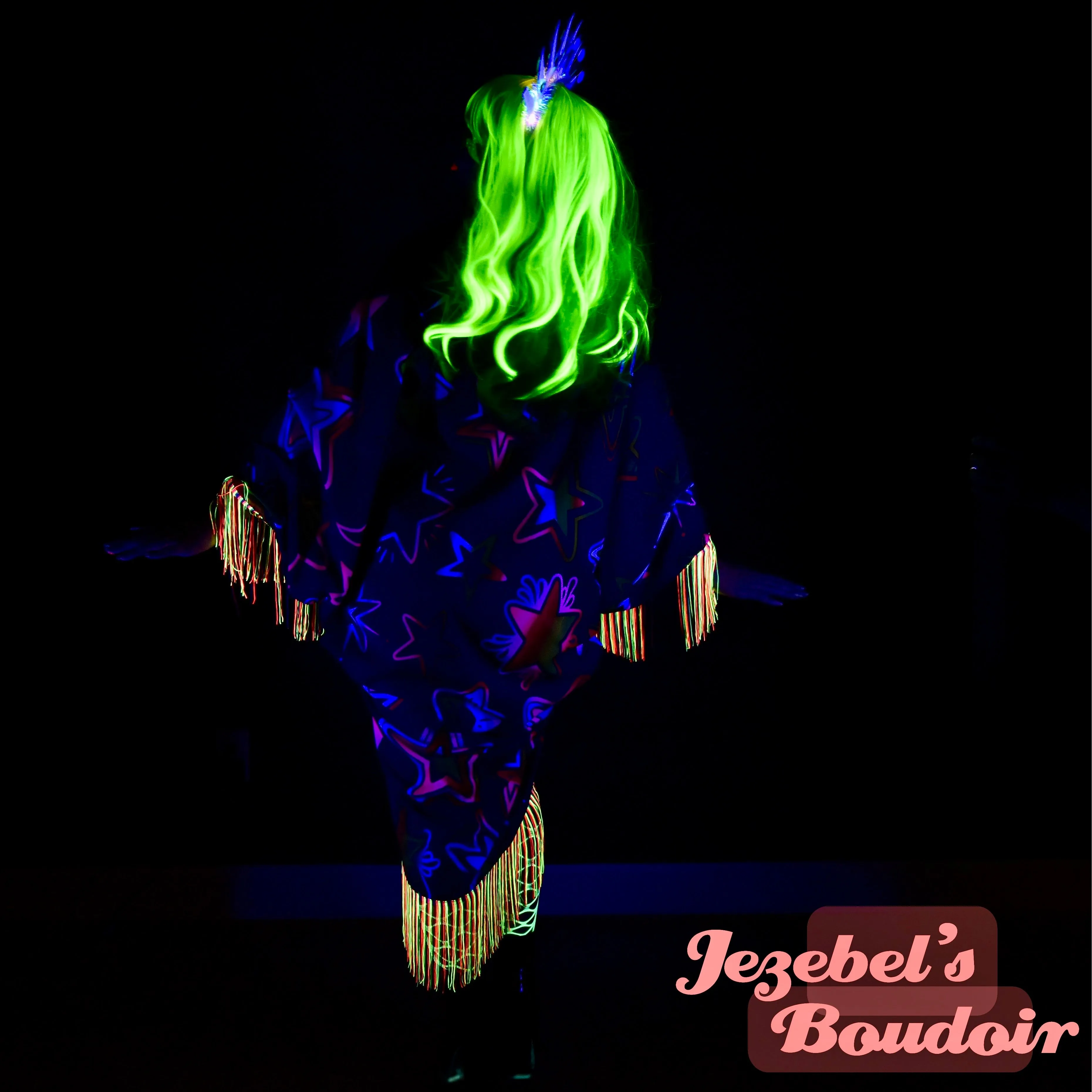 Neon UV Reactive Rainbow Duster, Black Light Glow Celestial Kimono, Star Neon Fringe Dressing Gown, Vaporwave Robe, Synthwave Flowing Dance Flowing, Rave Festival Electric EDC Fluorescent Goddess Majestic