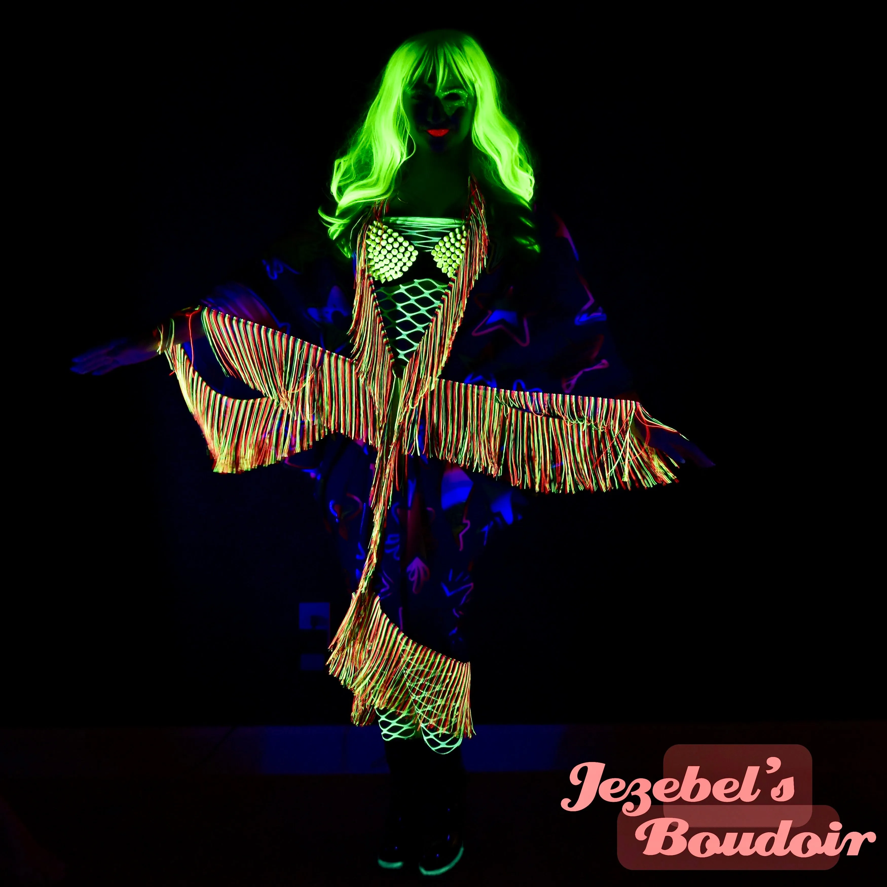 Neon UV Reactive Rainbow Duster, Black Light Glow Celestial Kimono, Star Neon Fringe Dressing Gown, Vaporwave Robe, Synthwave Flowing Dance Flowing, Rave Festival Electric EDC Fluorescent Goddess Majestic