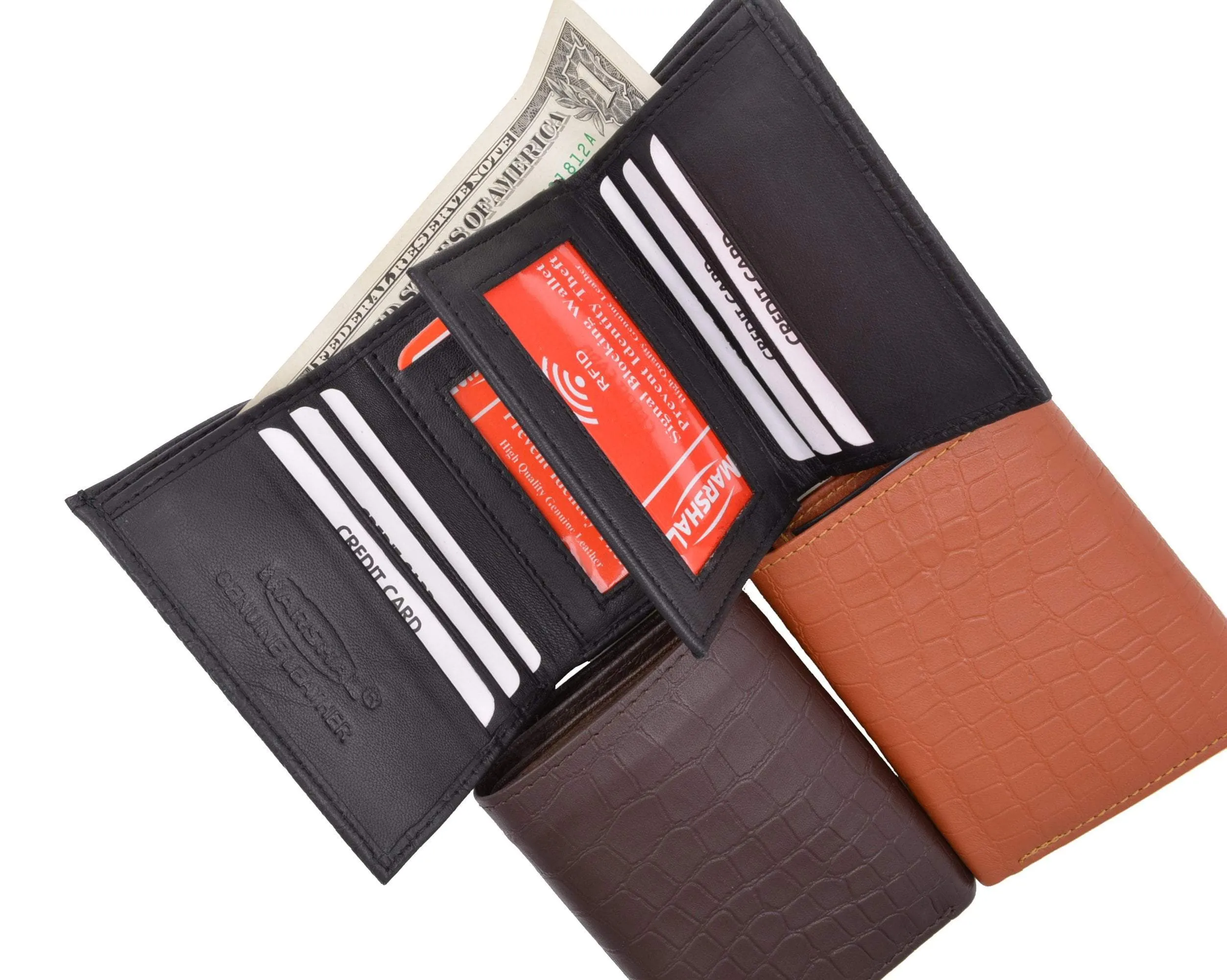 New RFID Blocking Mens Soft Crocodile Pattern Leather Trifold Wallet with Flap RFIDP1107CR (C)