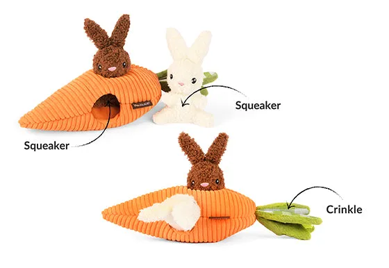 P.L.A.Y. Hippity Hoppity Squeaky Plush Dog toys, Funny Bunnies