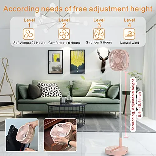 Portable Pedestal Fan - Foldaway Standing Fan Foldable Desk Fan, Wireless Use 7200Mah Rechargeable Battery, Remote Control Telescopic 4 Speed Quiet Timer Fan for Home Kitchen Outdoor Camping (Pink)