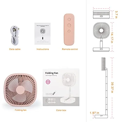 Portable Pedestal Fan - Foldaway Standing Fan Foldable Desk Fan, Wireless Use 7200Mah Rechargeable Battery, Remote Control Telescopic 4 Speed Quiet Timer Fan for Home Kitchen Outdoor Camping (Pink)