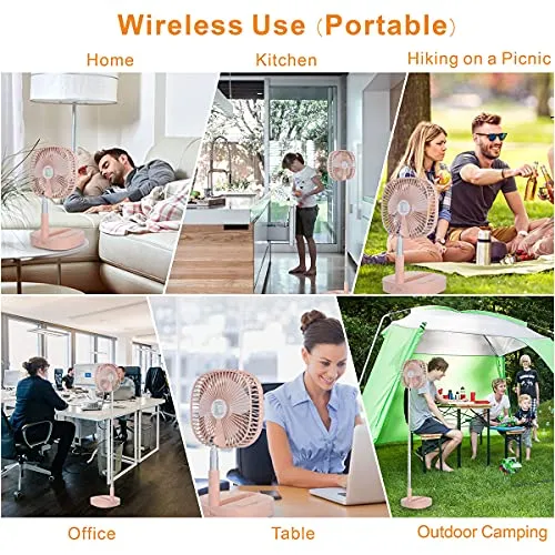 Portable Pedestal Fan - Foldaway Standing Fan Foldable Desk Fan, Wireless Use 7200Mah Rechargeable Battery, Remote Control Telescopic 4 Speed Quiet Timer Fan for Home Kitchen Outdoor Camping (Pink)