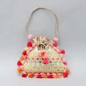 Pre Order: Charming Faux Mirror Work Dual Toned Fringed Detailed Potli Bag