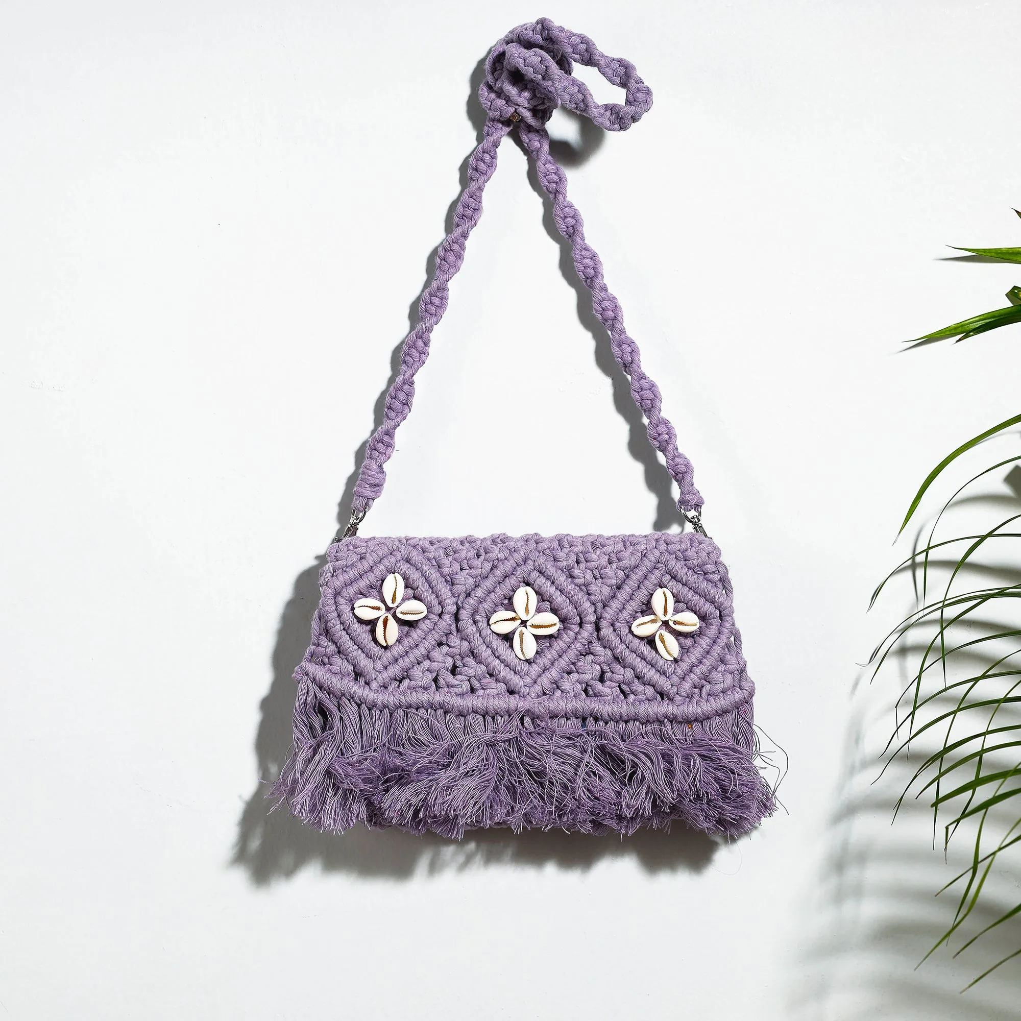 Purple - Thread & Shell Work Handcrafted Macrame Sling Bag