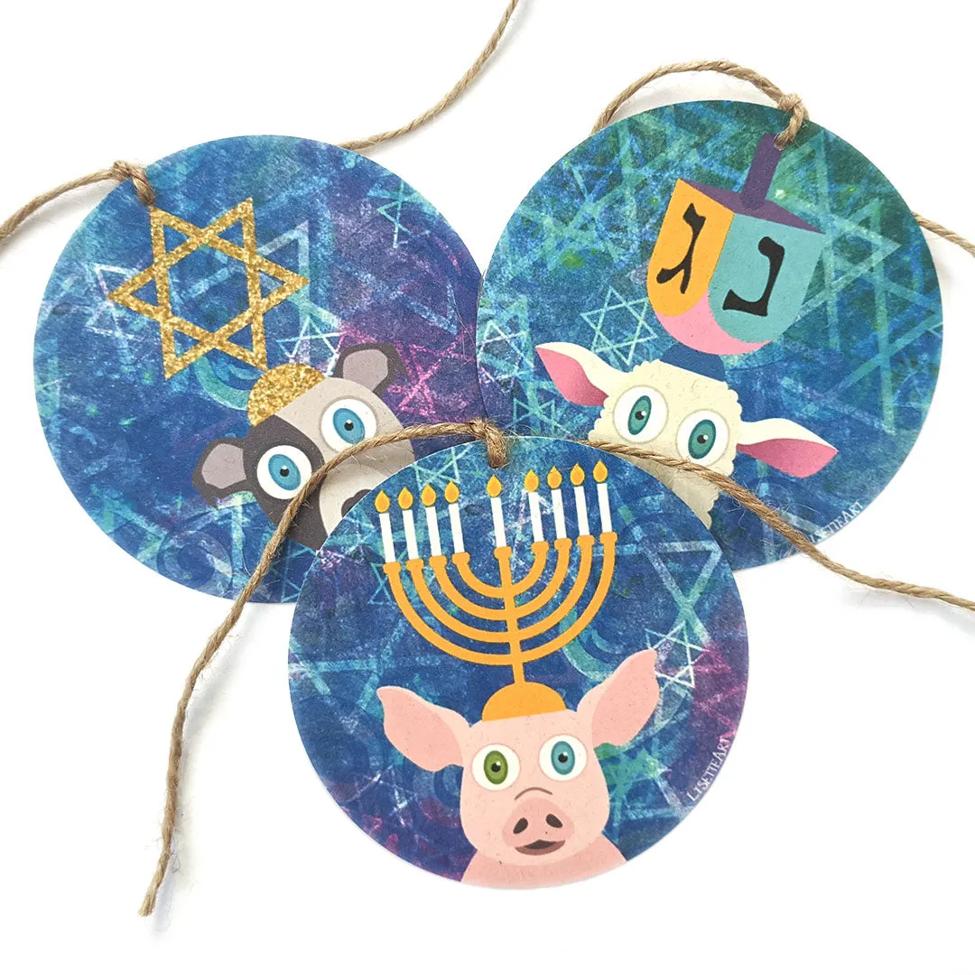 "Hanukkah Yamaka" Whimsical Animals Holiday Gift Tags