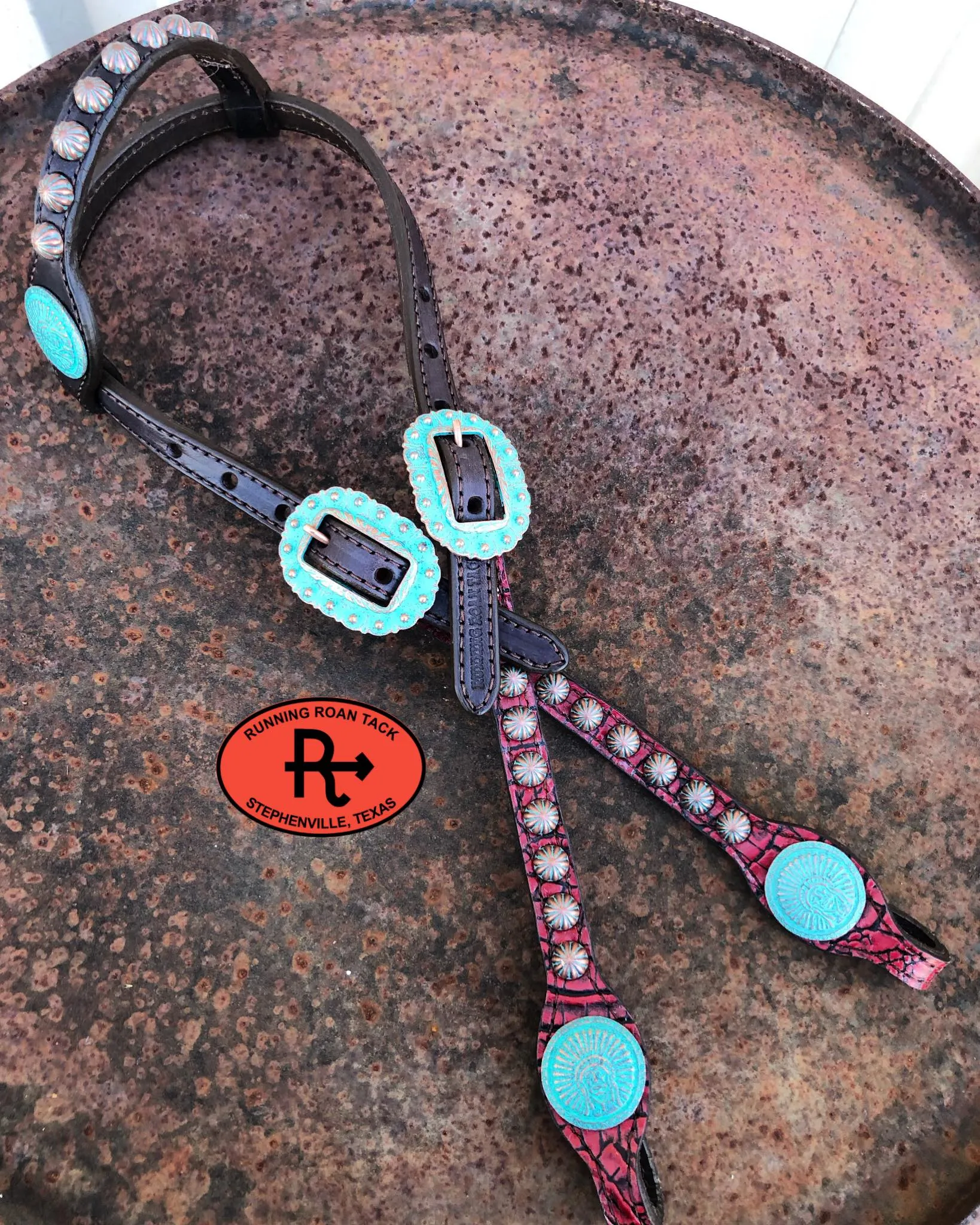 Red Croc Standard Size Headstall with Copper Patina Chief Conchos