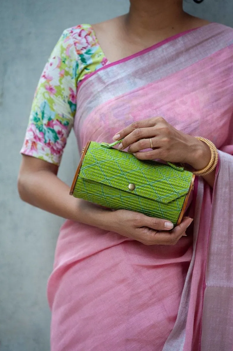 Round Sling Bag/Clutch With Changeable Sleeve (Geometric Green & Double Grey Lines)