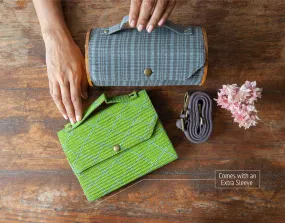 Round Sling Bag/Clutch With Changeable Sleeve (Geometric Green & Double Grey Lines)