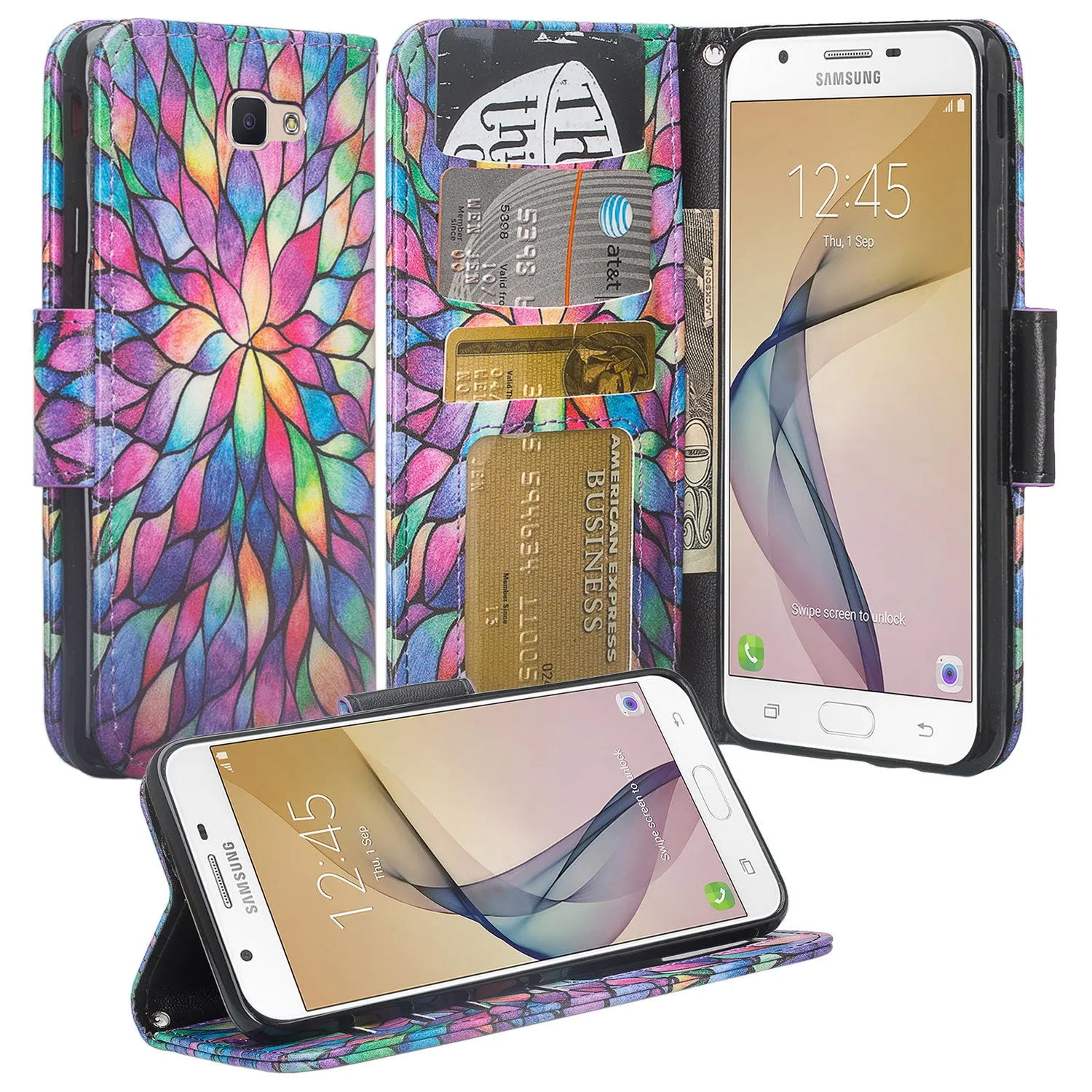 Samsung Galaxy J7 Prime 2016, G610, Galaxy On7 Case, Wrist Strap Pu Leather Magnetic Flip [Kickstand] with Slots - Rainbow Flower