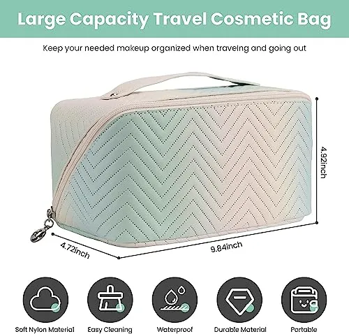 SHOPPOFOBIX Large Capacity CosmeticBag, Women's Makeup Portable Leather Cosmetics Bag, Makeup Storage Bags with Handle and Divider, Wide Opening Cosmetic Makeup (Rainbow Makeup Bag)