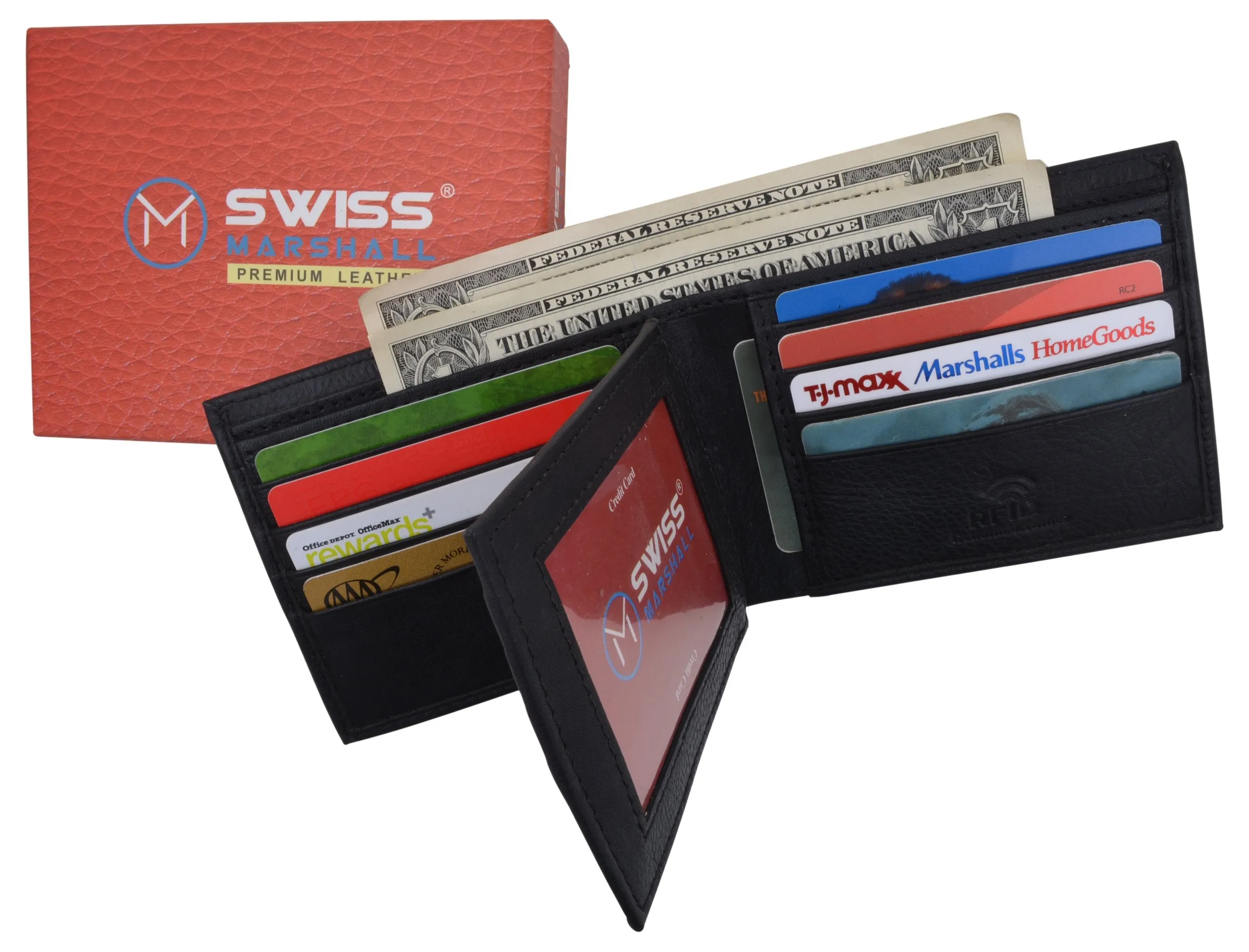 Swiss Marshall RFID Blocking Premium Leather Bifold Center Flap Card ID Wallet Gift Box RFID520052