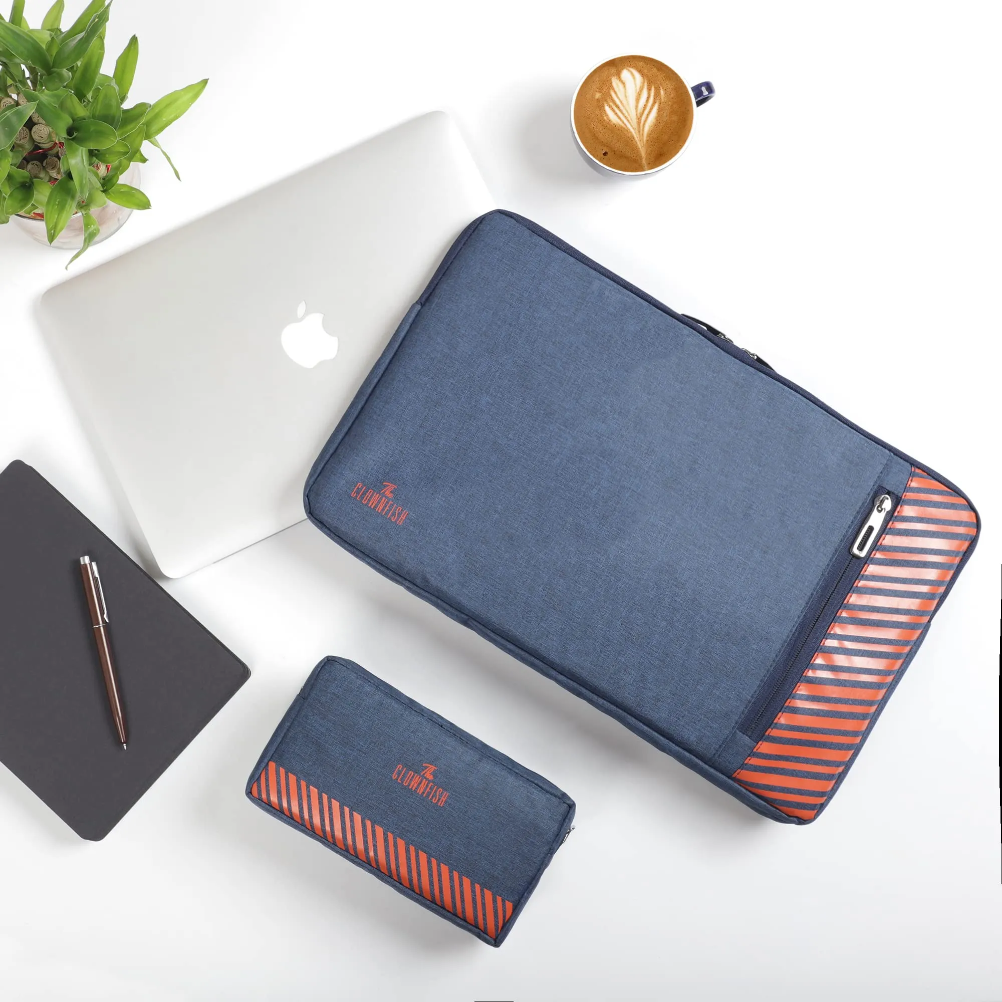 The Clownfish Combo of Algo Series Polyester 15.6 inch Laptop Sleeve & Scholar Series Multipurpose Polyester Travel Pouch Pencil Case Toiletry Bag (Blue)