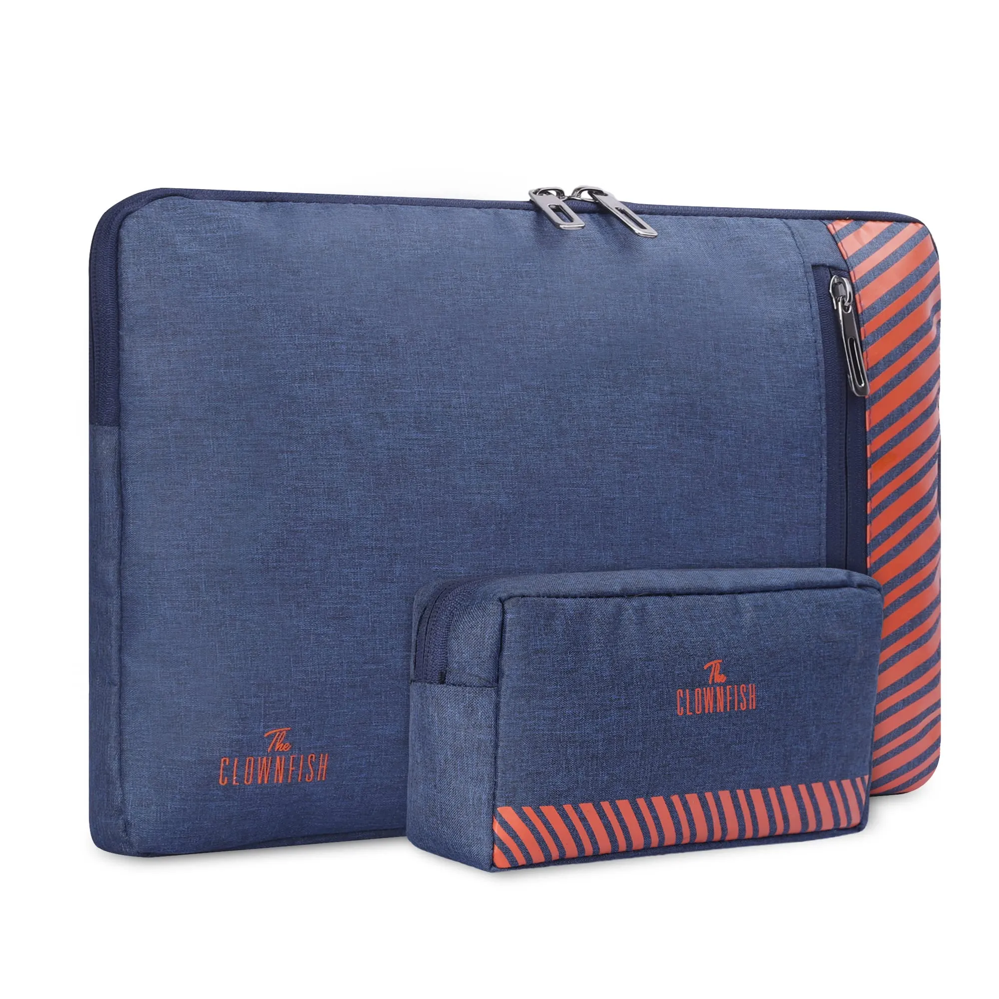 The Clownfish Combo of Algo Series Polyester 15.6 inch Laptop Sleeve & Scholar Series Multipurpose Polyester Travel Pouch Pencil Case Toiletry Bag (Blue)