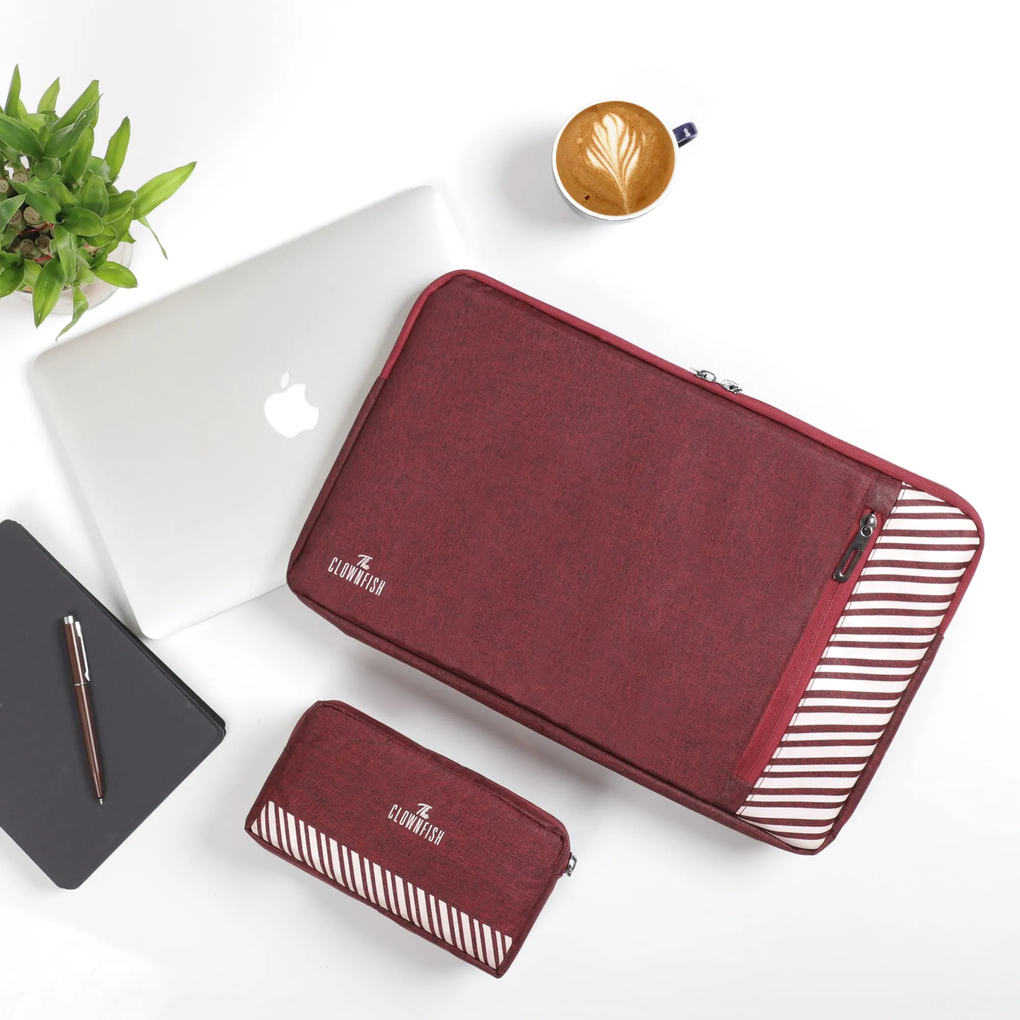 The Clownfish Combo of Algo Series Polyester 15.6 inch Laptop Sleeve & Scholar Series Multipurpose Polyester Travel Pouch Pencil Case Toiletry Bag (Maroon)