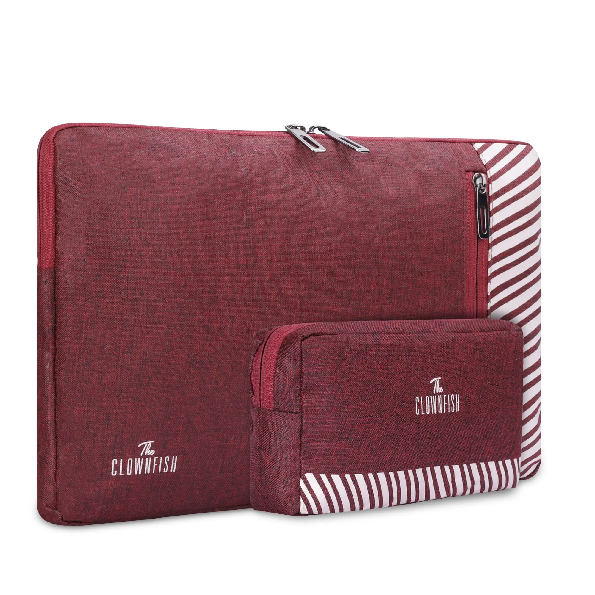 The Clownfish Combo of Algo Series Polyester 15.6 inch Laptop Sleeve & Scholar Series Multipurpose Polyester Travel Pouch Pencil Case Toiletry Bag (Maroon)