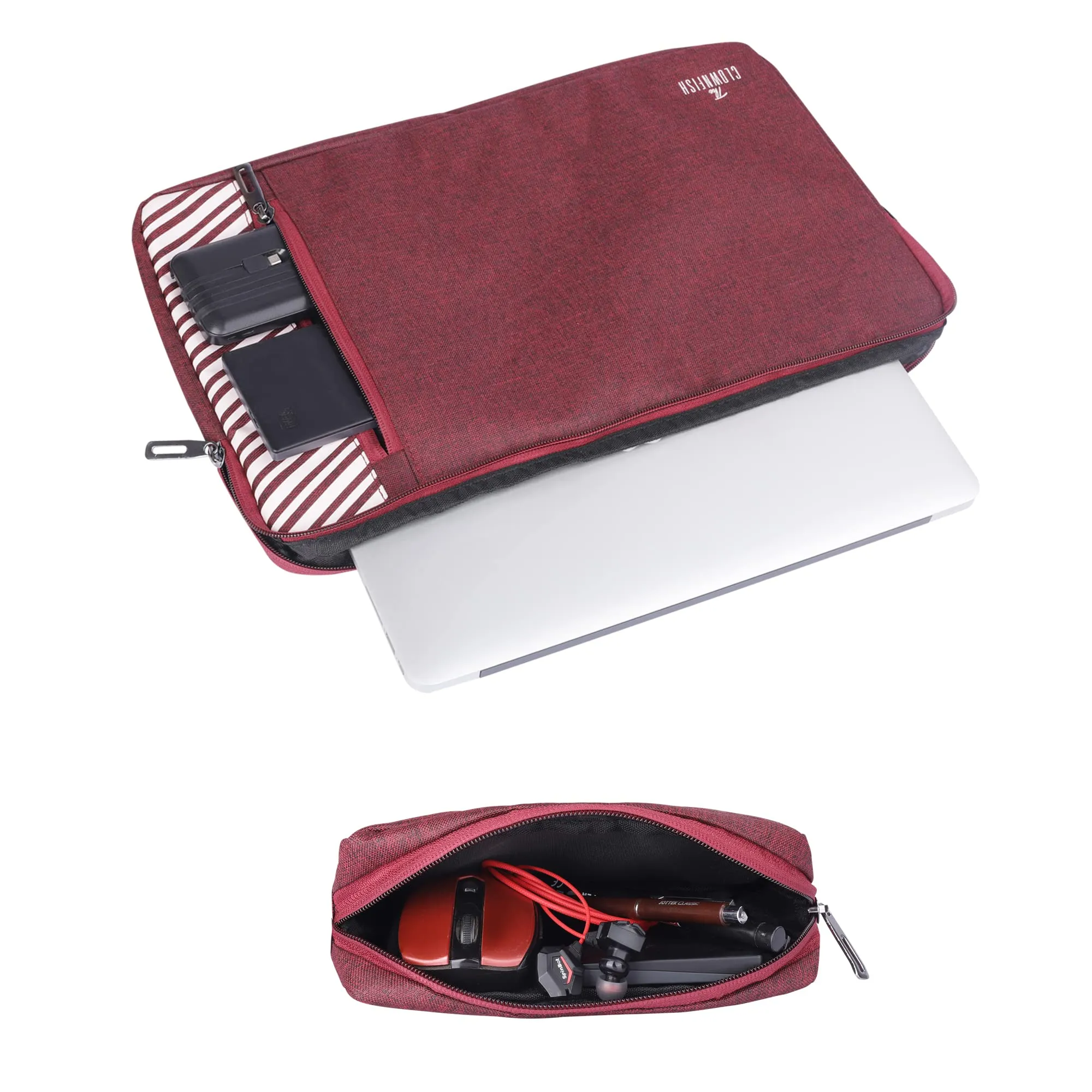 The Clownfish Combo of Algo Series Polyester 15.6 inch Laptop Sleeve & Scholar Series Multipurpose Polyester Travel Pouch Pencil Case Toiletry Bag (Maroon)