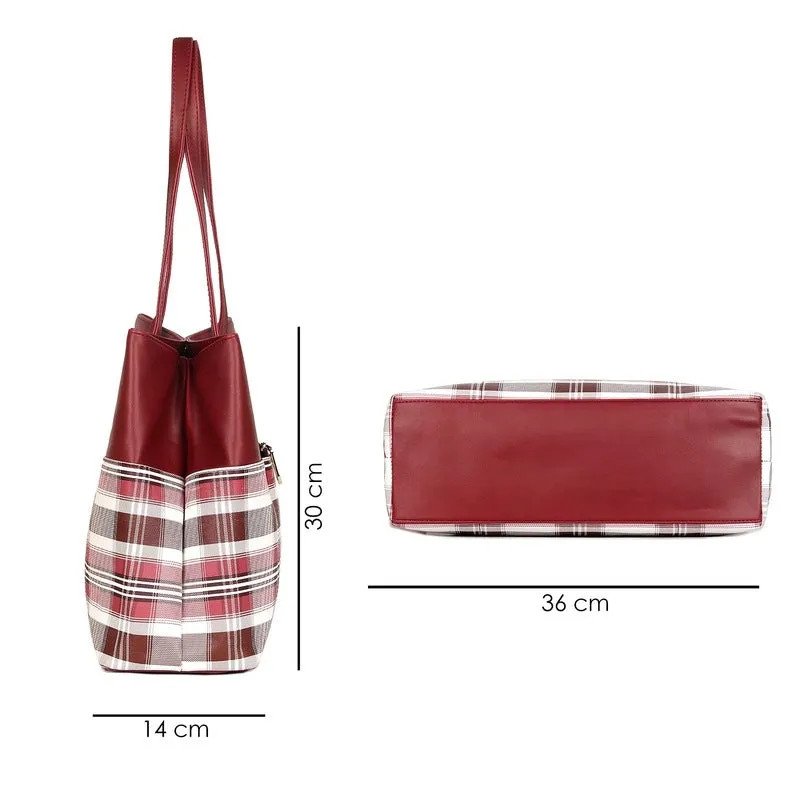 THE CLOWNFISH Gloria Handbag for Women Office Bag Ladies Shoulder Bag Tote For Women College Girls (Checks Design- Maroon)