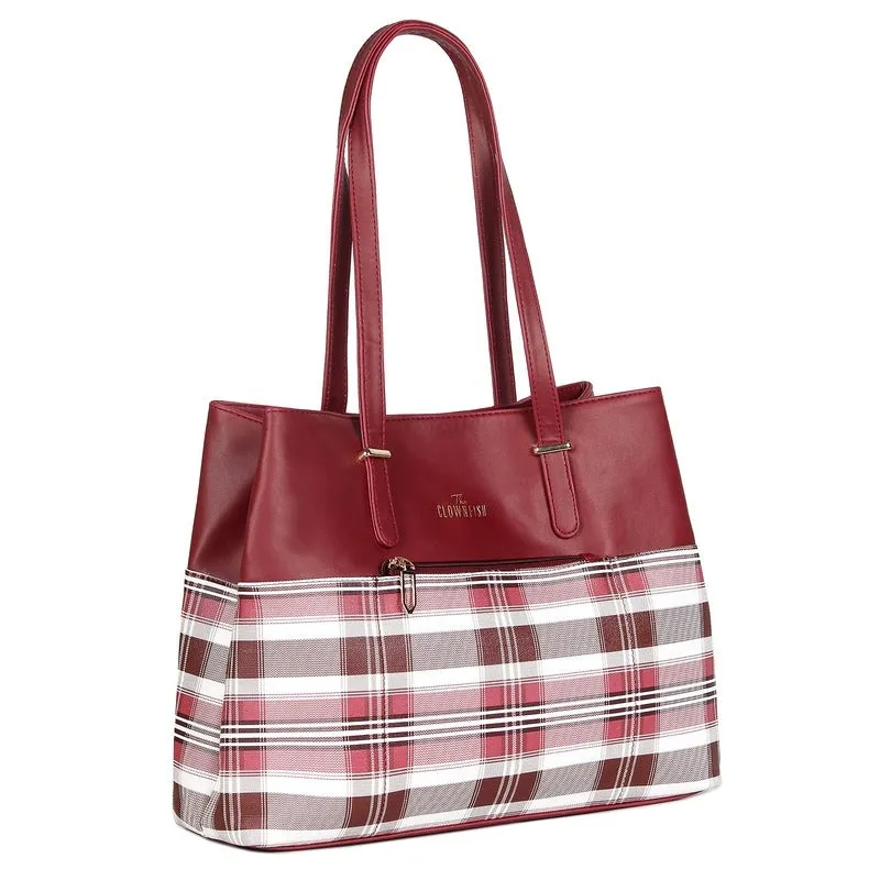 THE CLOWNFISH Gloria Handbag for Women Office Bag Ladies Shoulder Bag Tote For Women College Girls (Checks Design- Maroon)