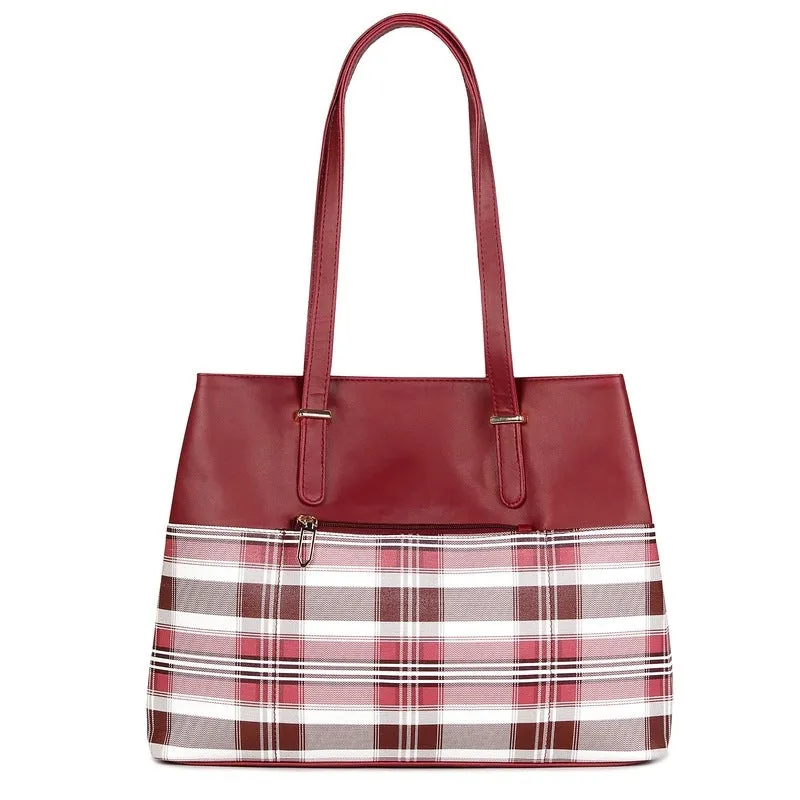 THE CLOWNFISH Gloria Handbag for Women Office Bag Ladies Shoulder Bag Tote For Women College Girls (Checks Design- Maroon)