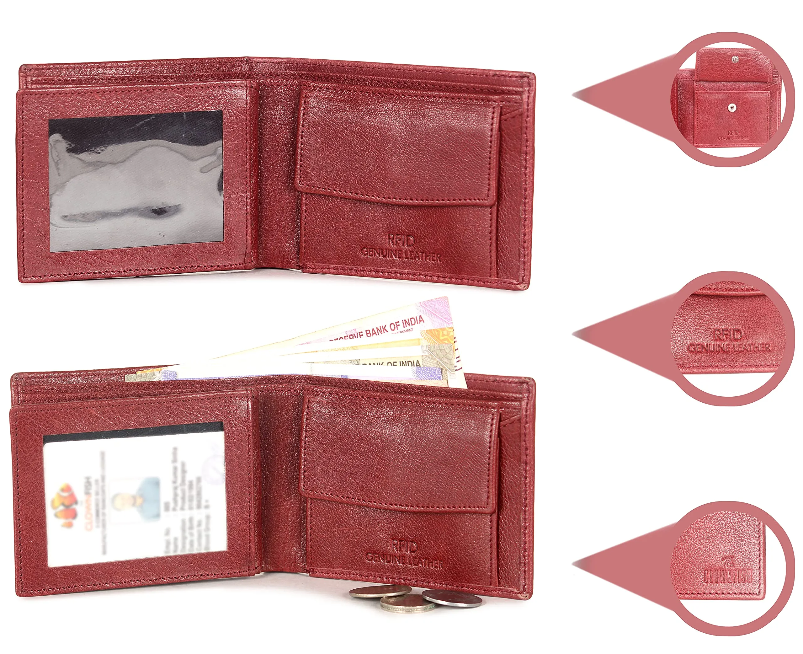 THE CLOWNFISH RFID Protected Genuine Leather Bi-Fold Wallet for Men with Multiple Card Slots & ID Window (Maroon)