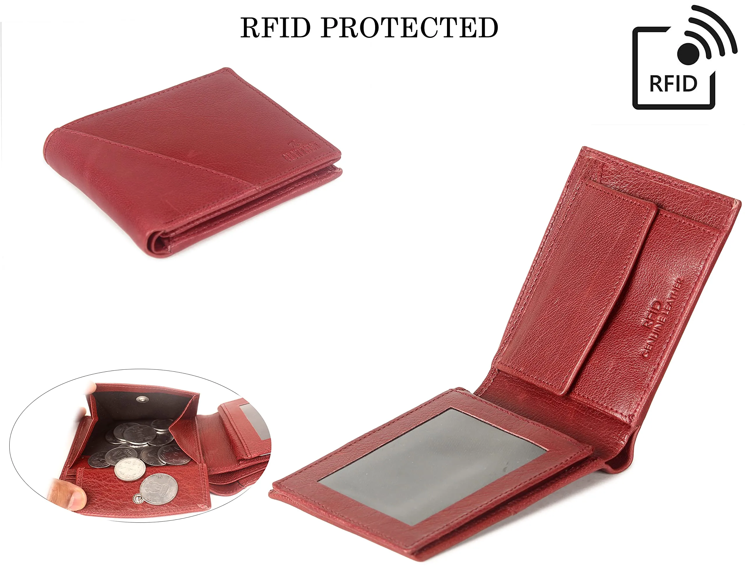 THE CLOWNFISH RFID Protected Genuine Leather Bi-Fold Wallet for Men with Multiple Card Slots & ID Window (Maroon)