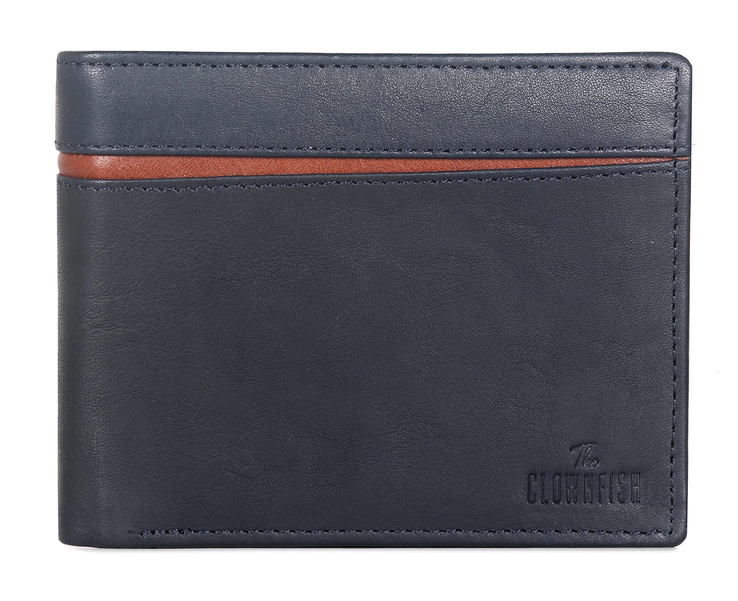 The Clownfish RFID Protected Genuine Leather Bi-Fold Wallet for Men with Multiple Card Slots, Coin Pocket & ID Window (Navy Blue)