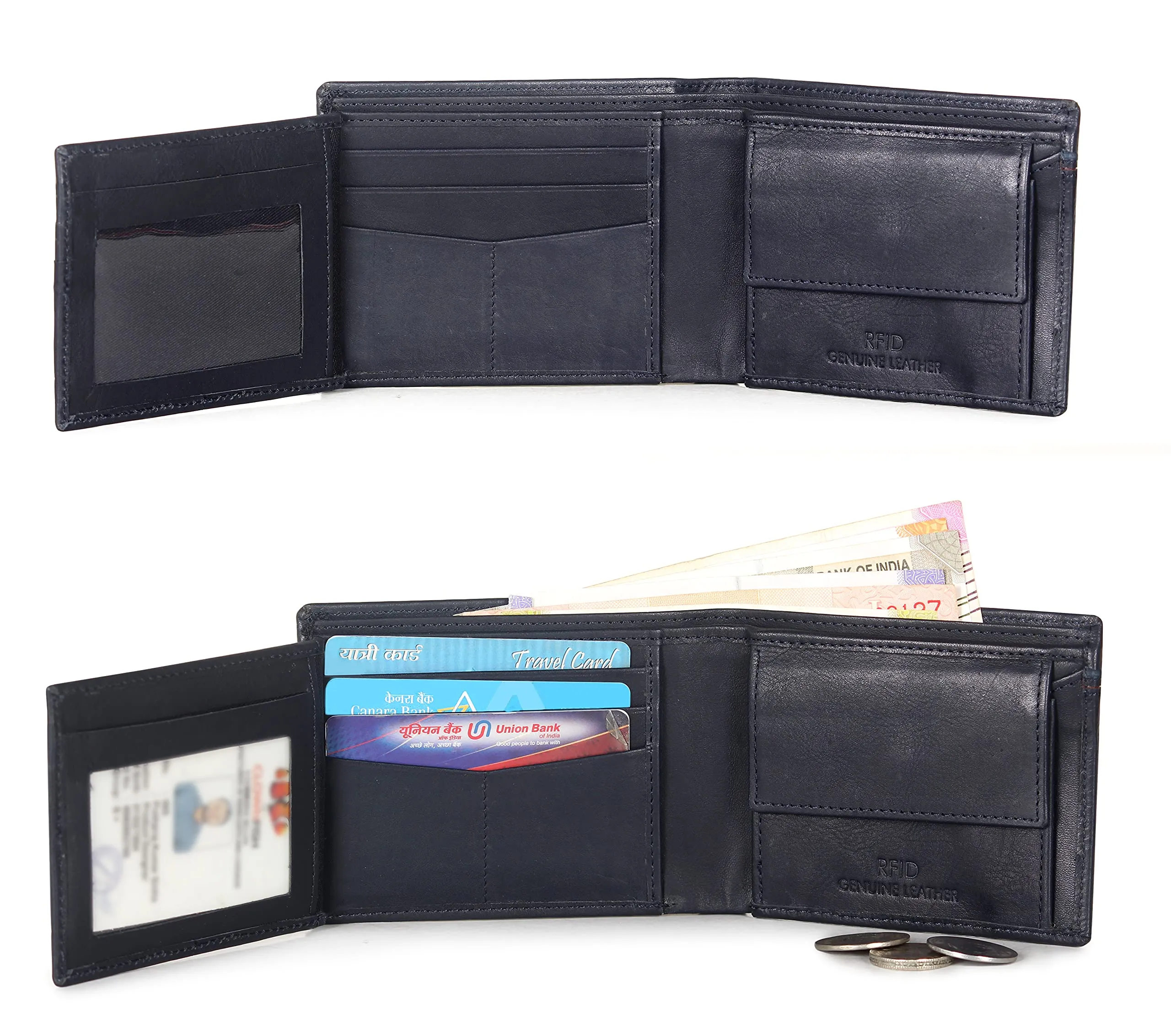 The Clownfish RFID Protected Genuine Leather Bi-Fold Wallet for Men with Multiple Card Slots, Coin Pocket & ID Window (Navy Blue)