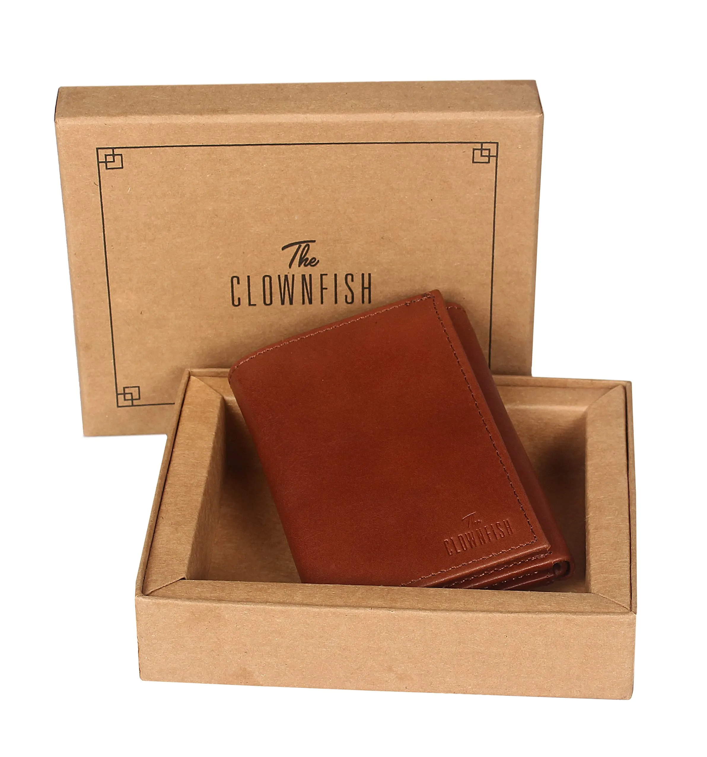 THE CLOWNFISH RFID Protected Genuine Leather Tri-Fold Wallet for Men with Multiple Card Slots & ID Window (Ginger Brown)