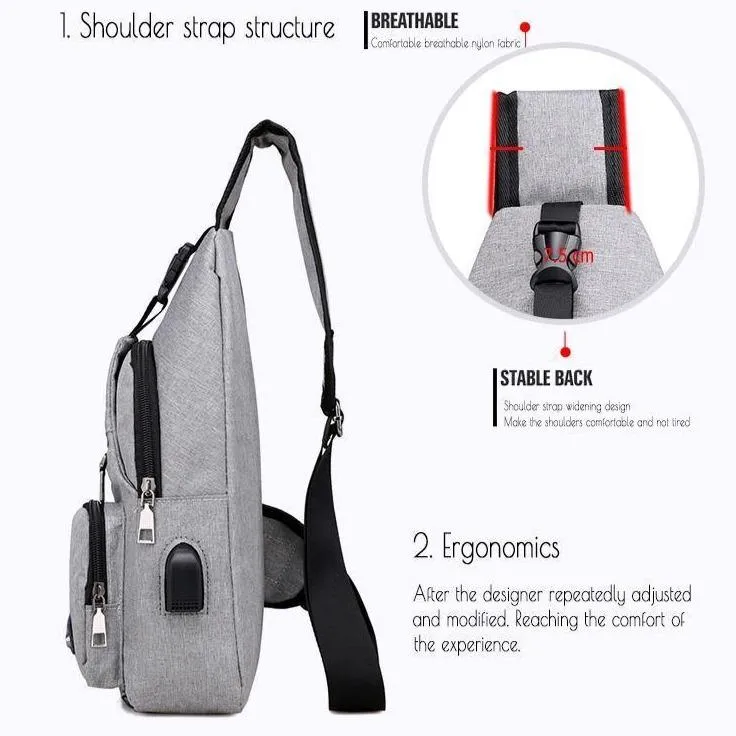 Travel Sling Shoulder USB Charge Chest Bag Men Casual Multifunction Waterproof Crossbody Bag Women Short Trip Unisex Women Bag