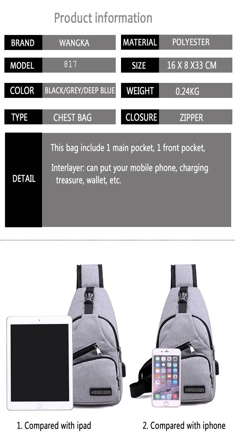 Travel Sling Shoulder USB Charge Chest Bag Men Casual Multifunction Waterproof Crossbody Bag Women Short Trip Unisex Women Bag