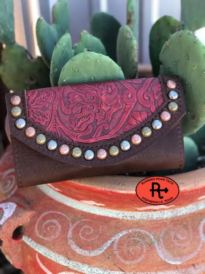 Trifold Wallet with Inlaid Red Floral Leather and Multicolor Dots