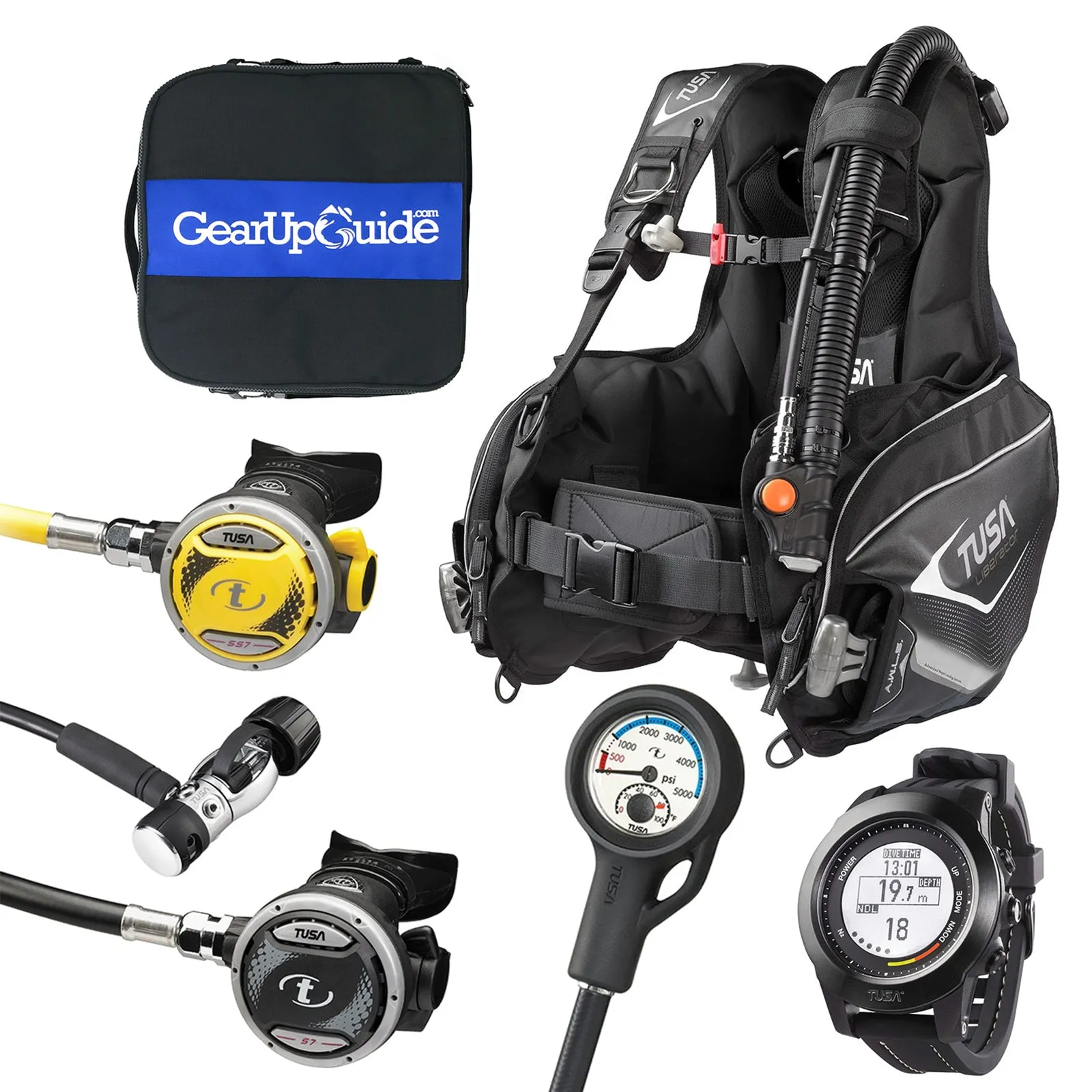 Tusa Complete Scuba Diving Gear Package Assembled Regulator Set BCD Gauges and Wrist Dive Computer GUpG Reg Bag