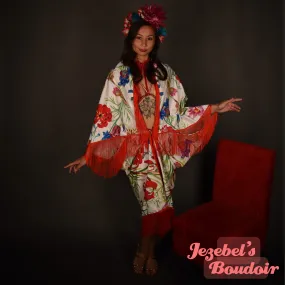 Velvet Art Nouveau Floral Bat Wing Botanical Boho Kimono Witch Dressing Gown Robe Floral Fringe Cocoon Bohemian Herbal Dance Flower Queen Wrap Fairy Festival Red White Blue Faerie Burlesque Jezebel's Boudoir Romantique Carnival